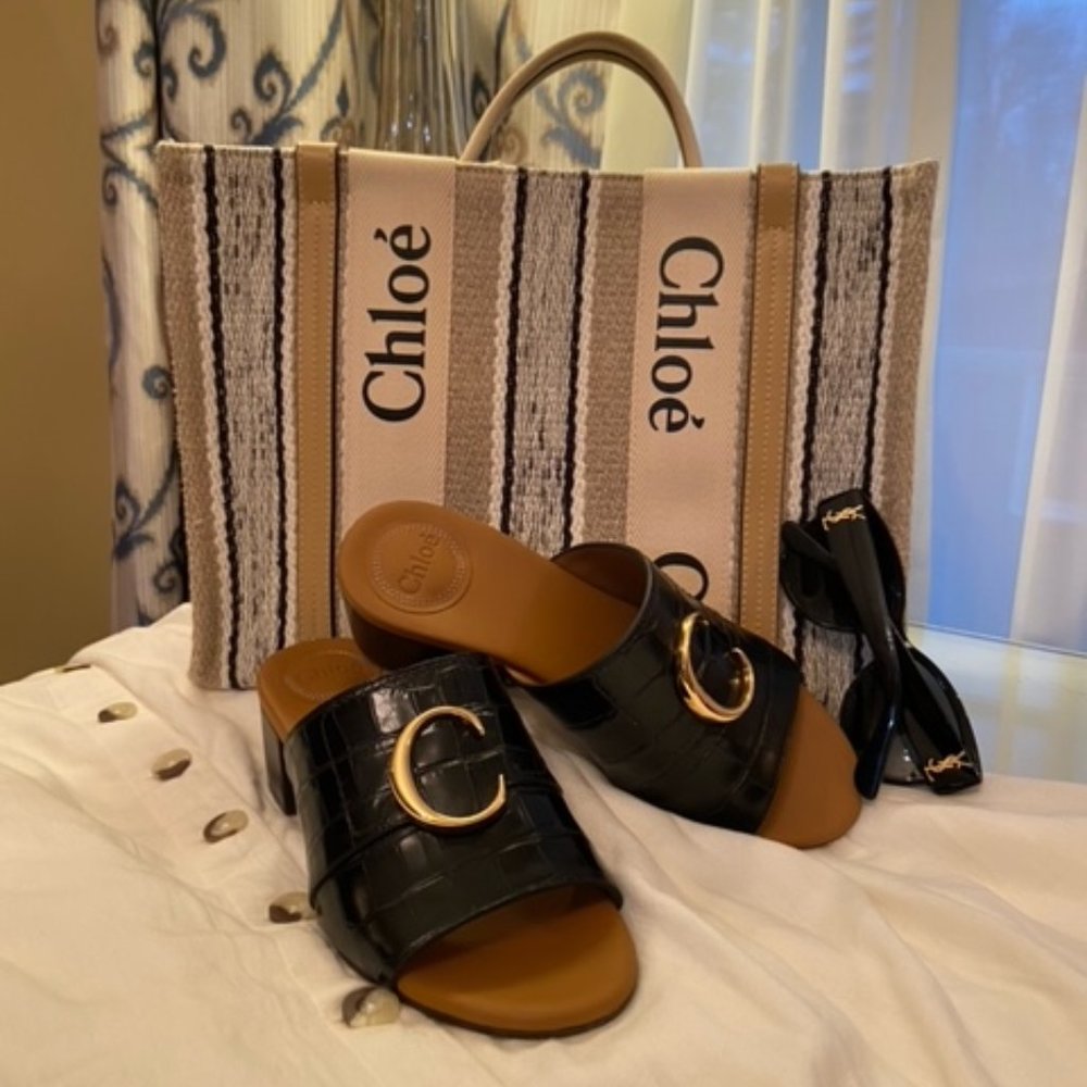 Chloe C Mules Black Crocodile Embossed💕Host Pick